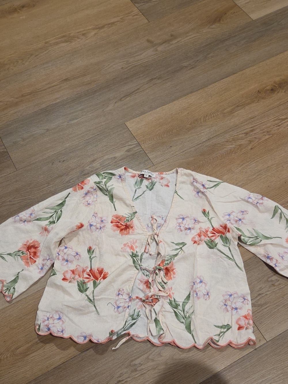 Floral Tie-Front Cotton Blouse in Cream and Coral